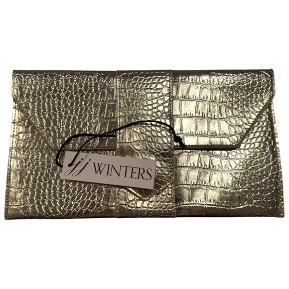 JJ Winters Metallic Gold Croc Embossed Envelope Clutch - Picture 4 of 6